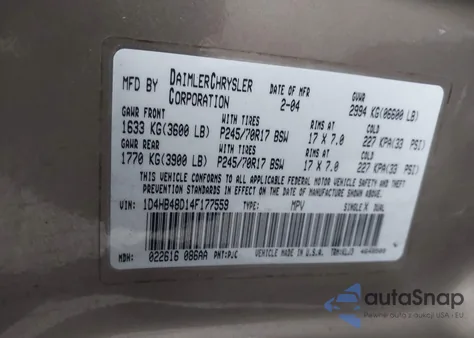 2004 Dodge Durango Slt z USA, uszkodzony, nr VIN 1D4HB48D14F177559